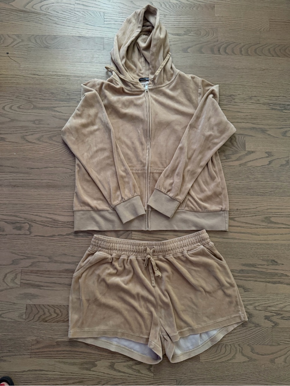 Fashion Nova Taupe Velour Hoodie & Shorts Set